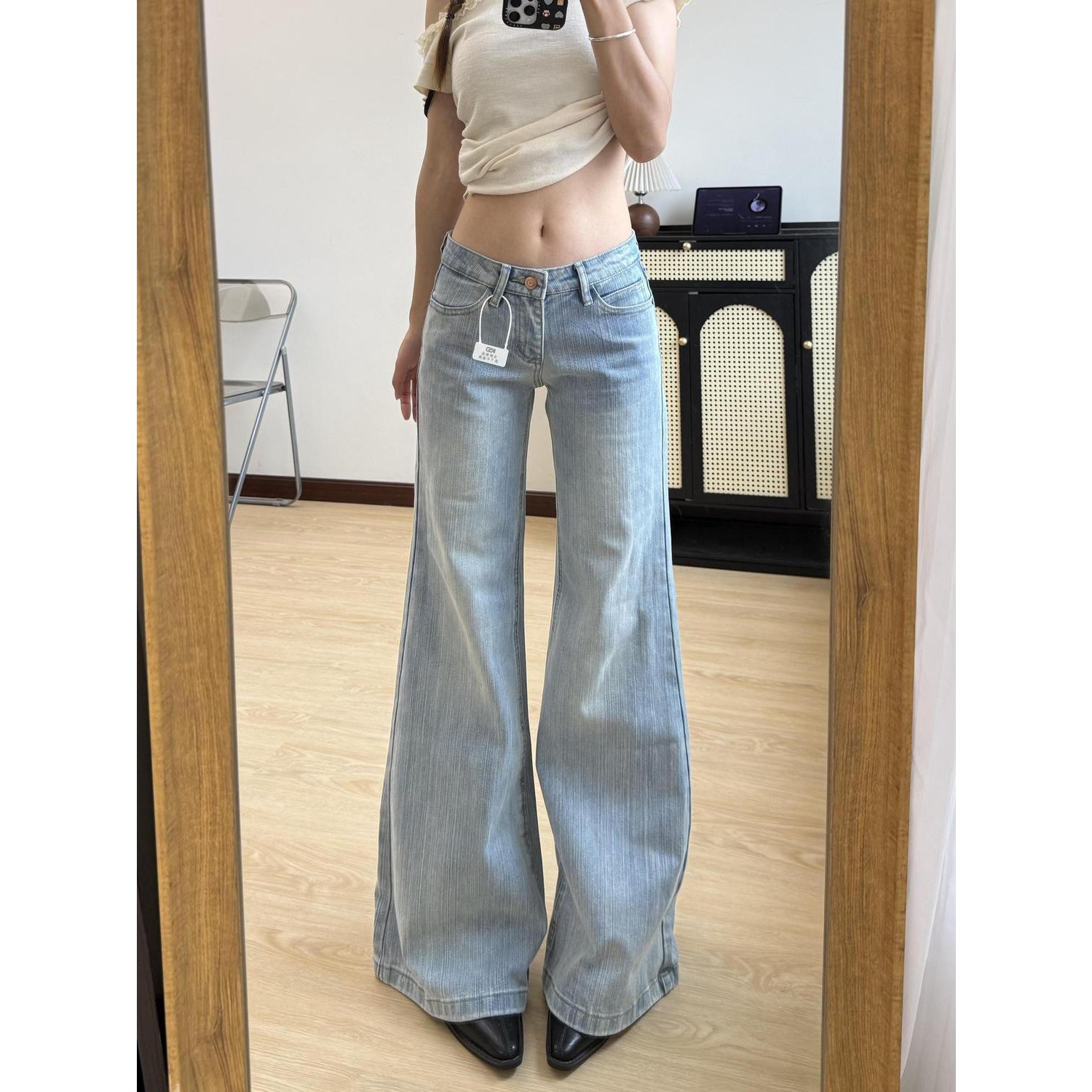 夏季低腰竹节纹微喇牛仔裤女