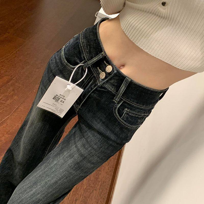 美式复古微喇牛仔裤女2025冬双扣