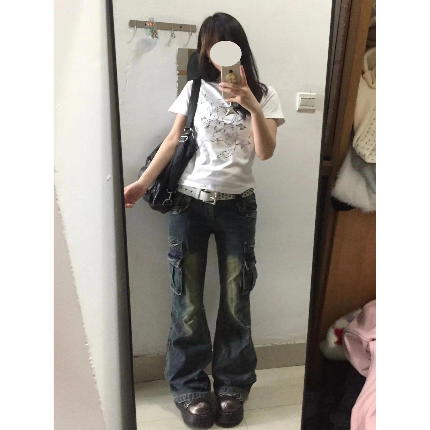 美式复古立体阔腿工装牛仔裤