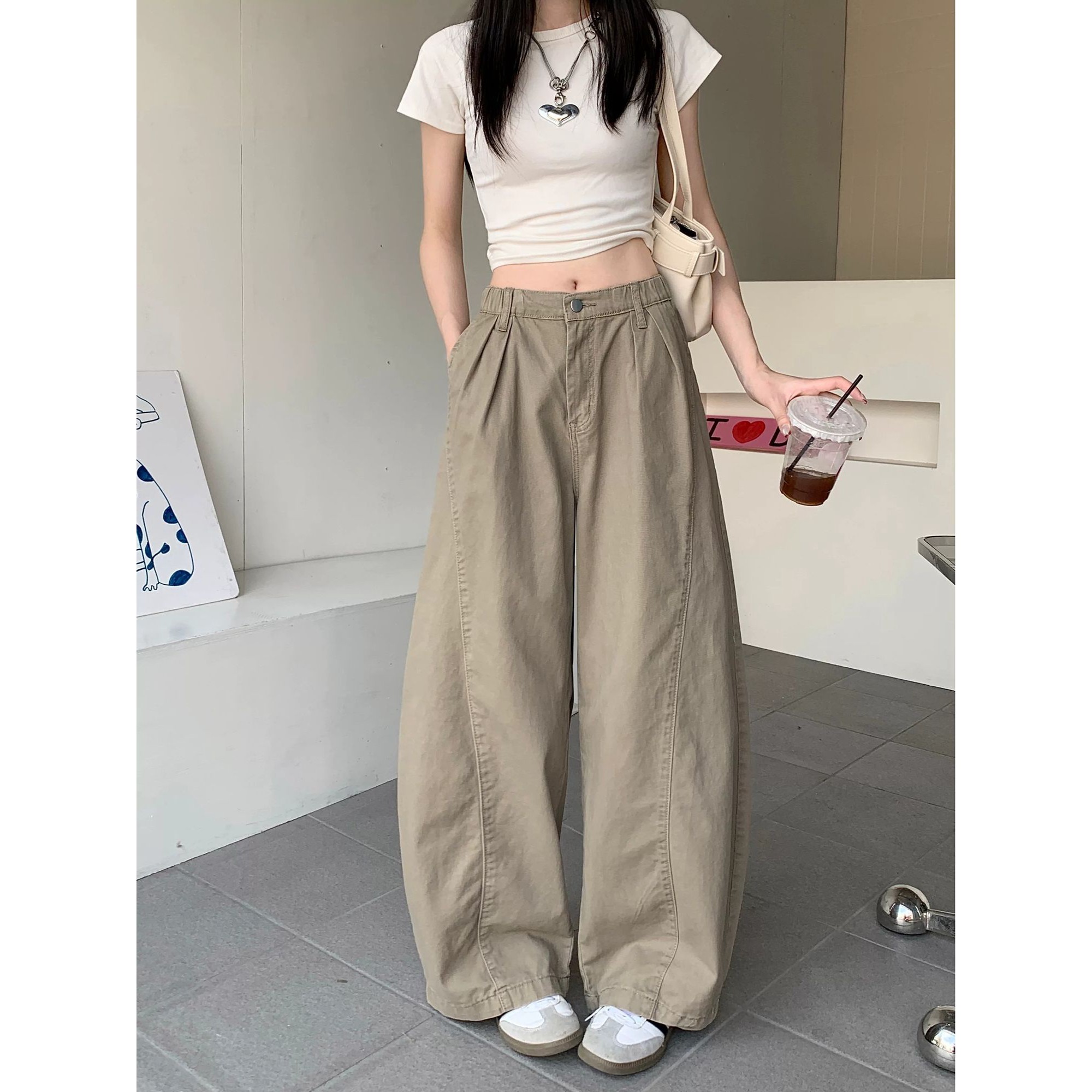 小个子卡其高腰显瘦阔腿牛仔裤