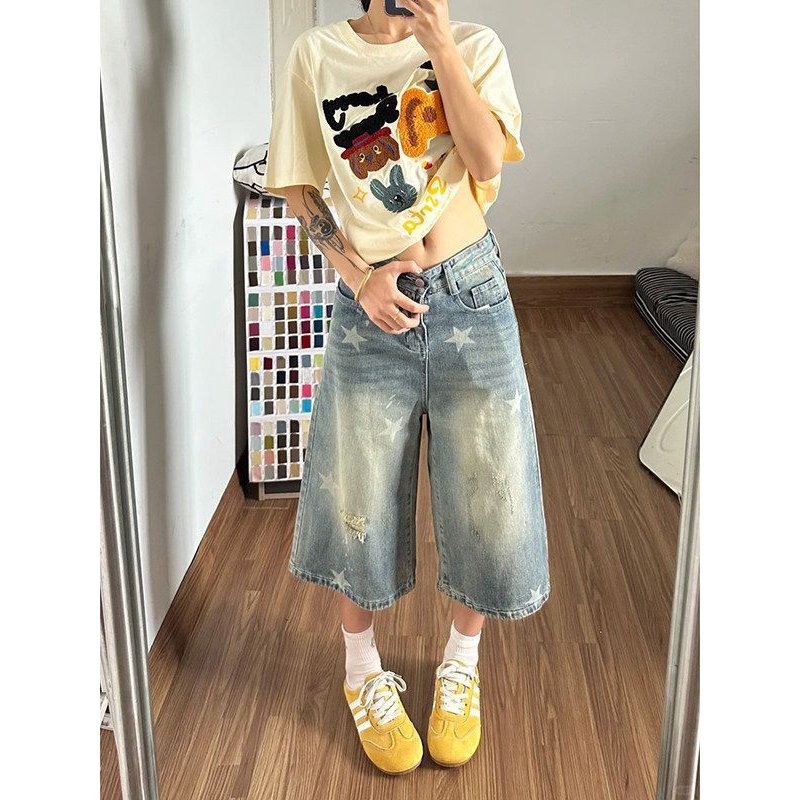 夏季星星印花七分过膝阔腿牛仔裤