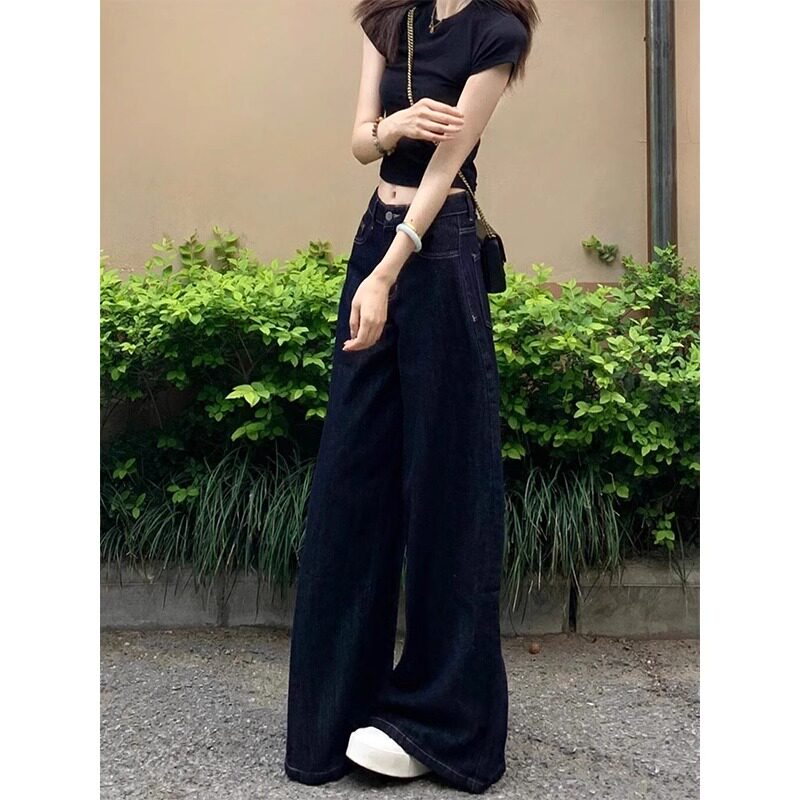 深蓝色大脚裤牛仔阔腿直筒拖地裤