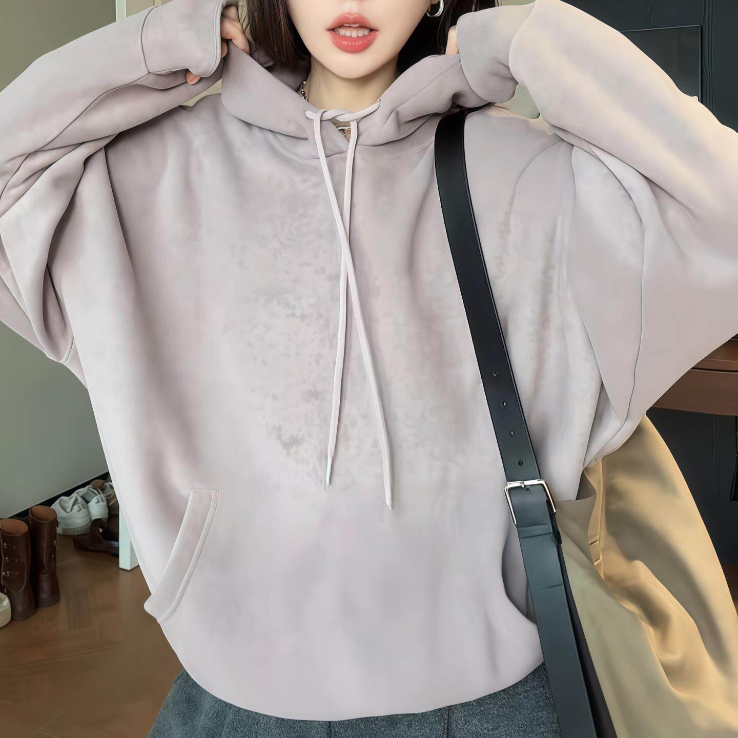 JOYIASS紫色连帽套头长袖卫衣女2025新款秋冬宽松保暖百搭帽衫插