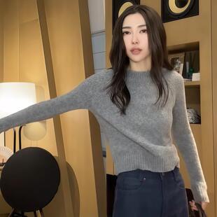 JOYIASS灰色圆领短款针织衫女2025新款秋季修身弹力内搭长袖毛衣