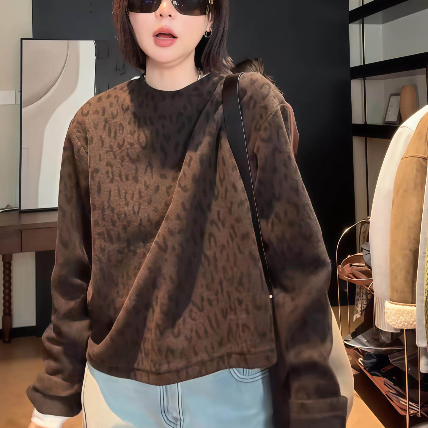 JOYIASS复古豹纹圆领卫衣女2025新款秋季时髦长袖套头内搭打底洋