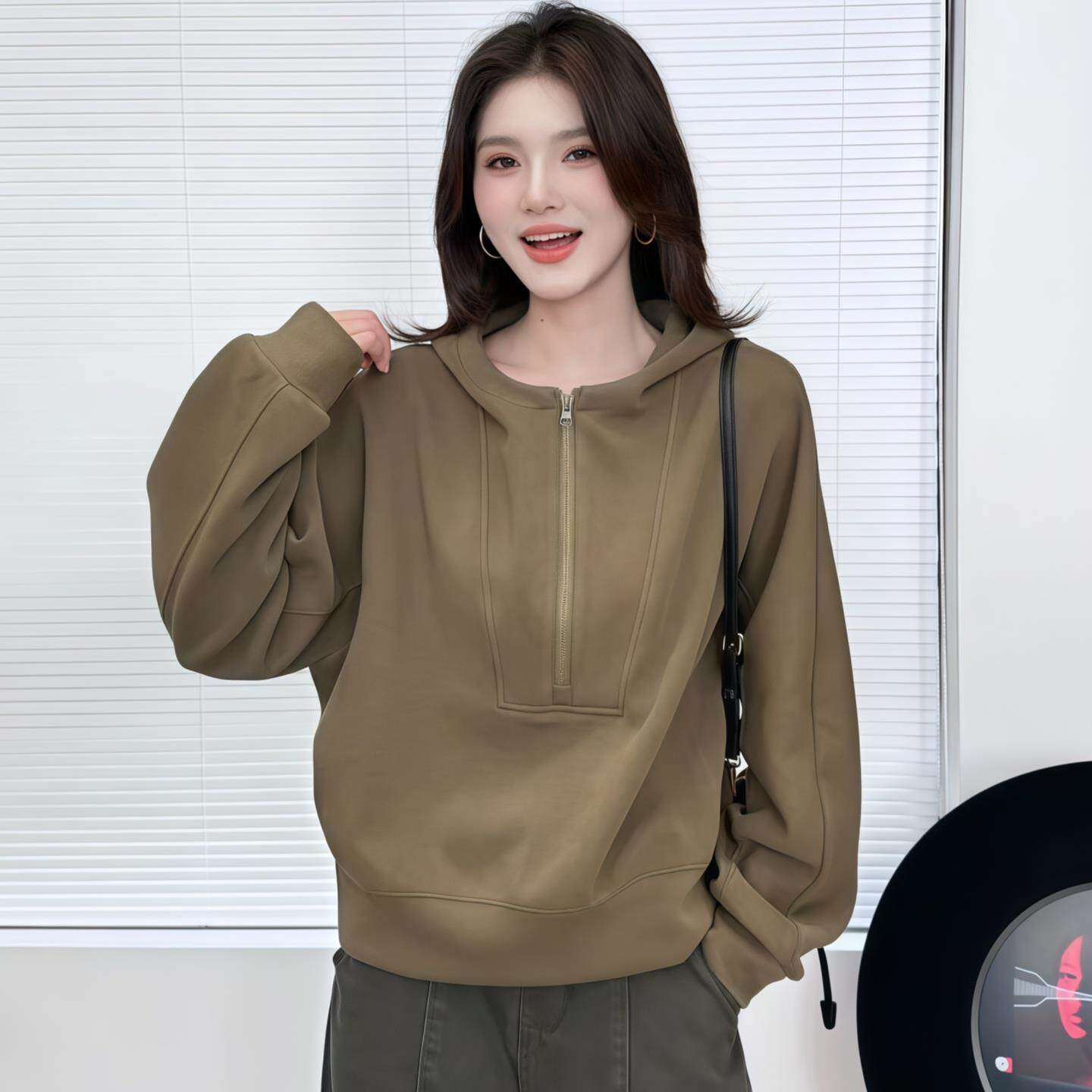 JOYIASS半拉链连帽卫衣女2025新款爆款春秋外穿套头长袖帽衫廓形