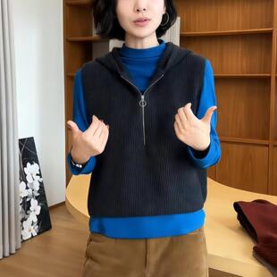JOYIASS半拉链连帽针织马甲女2025新款秋季叠穿无袖背心宽松显瘦