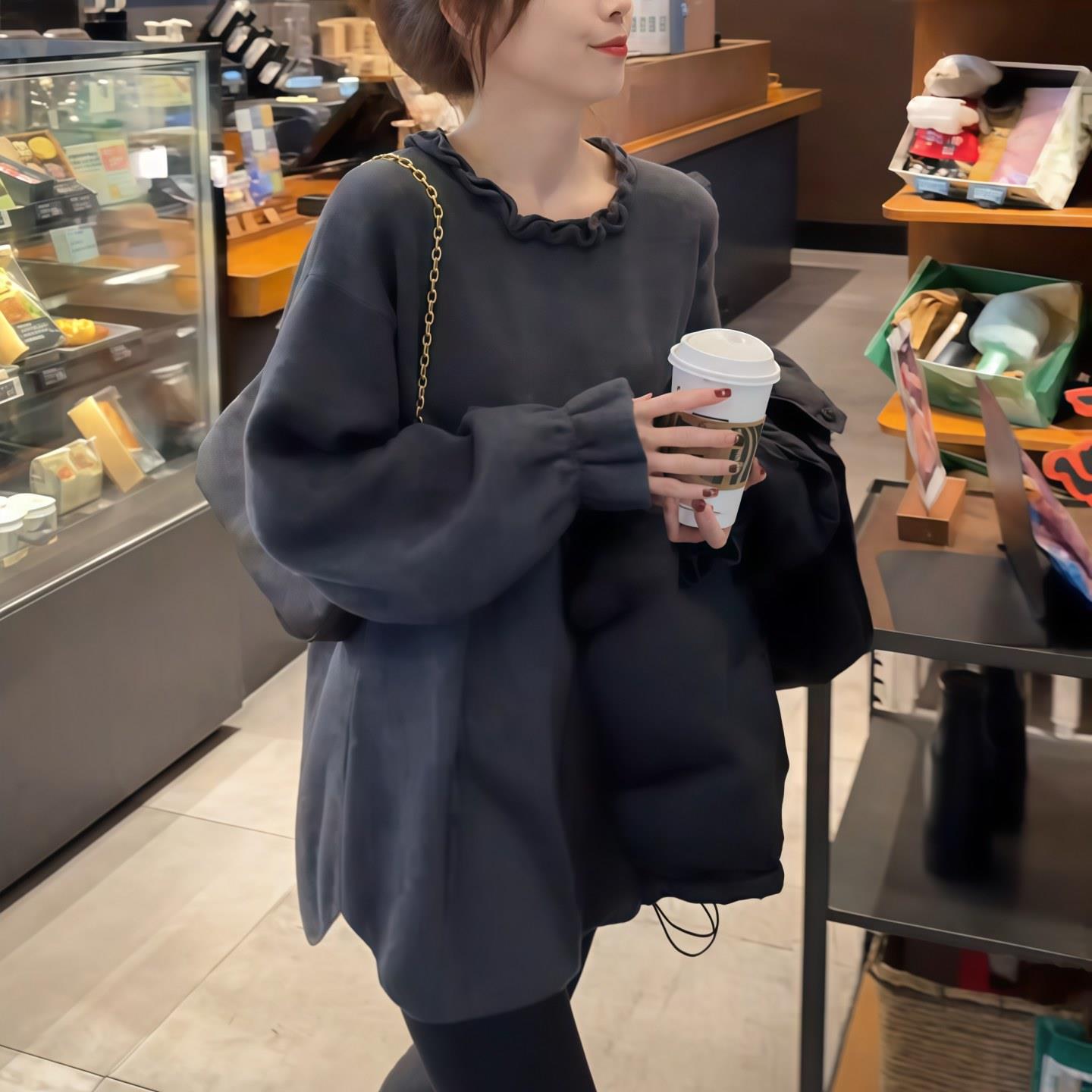 JOYIASS木耳边领中长款针织毛衣女2025新款秋季慵懒宽松长袖后背