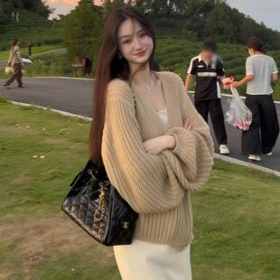 JOYIASS灯笼袖粗线针织开衫女秋2025新款长袖V领披肩外套慵懒风外