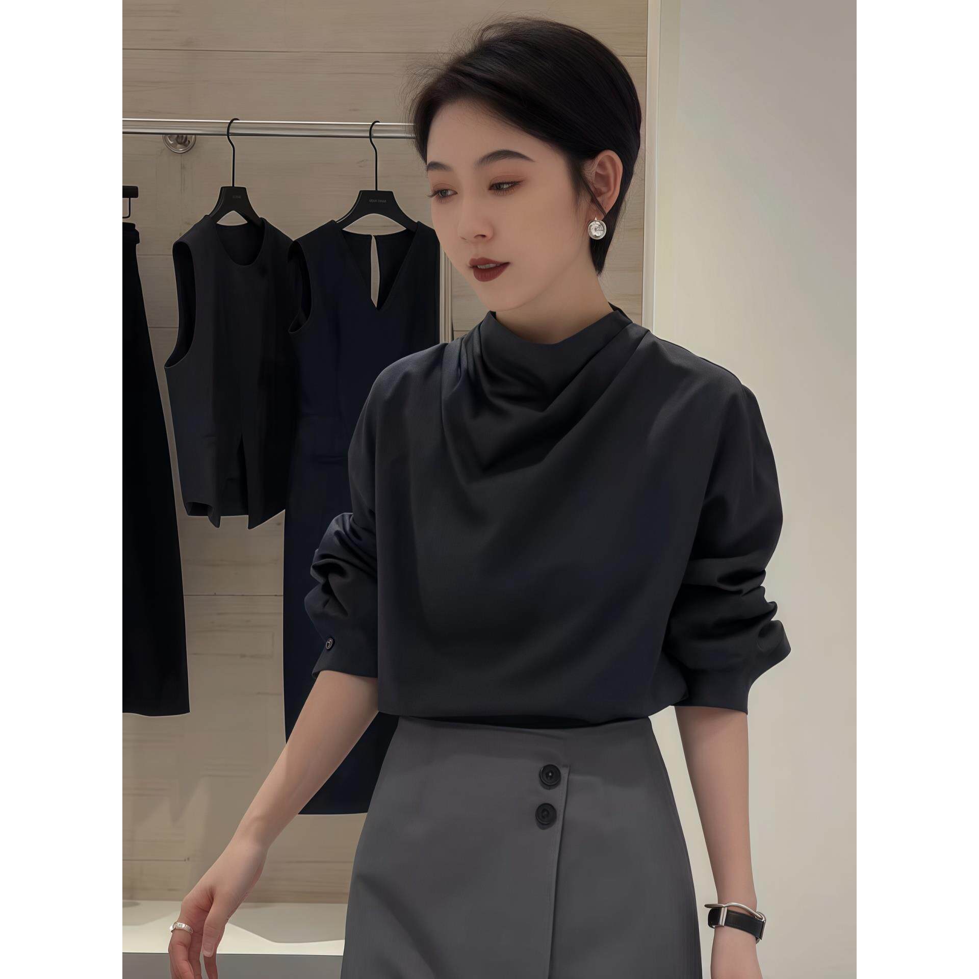 JOYIASS法式堆堆领长袖衬衫女2025新款秋季设计感后扣衬衣高级感