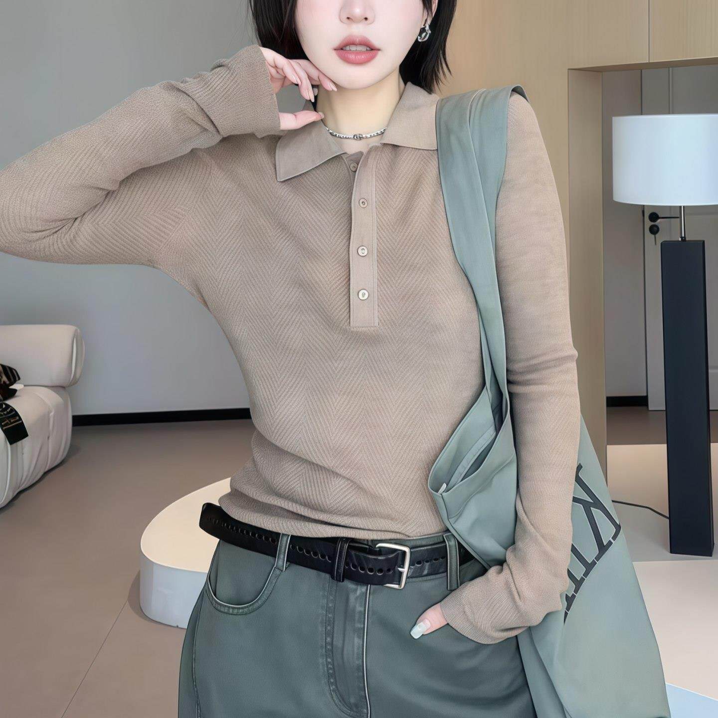 JOYIASSpolo领纹理感针织衫女2025新款秋季老钱风修身百搭打底衫