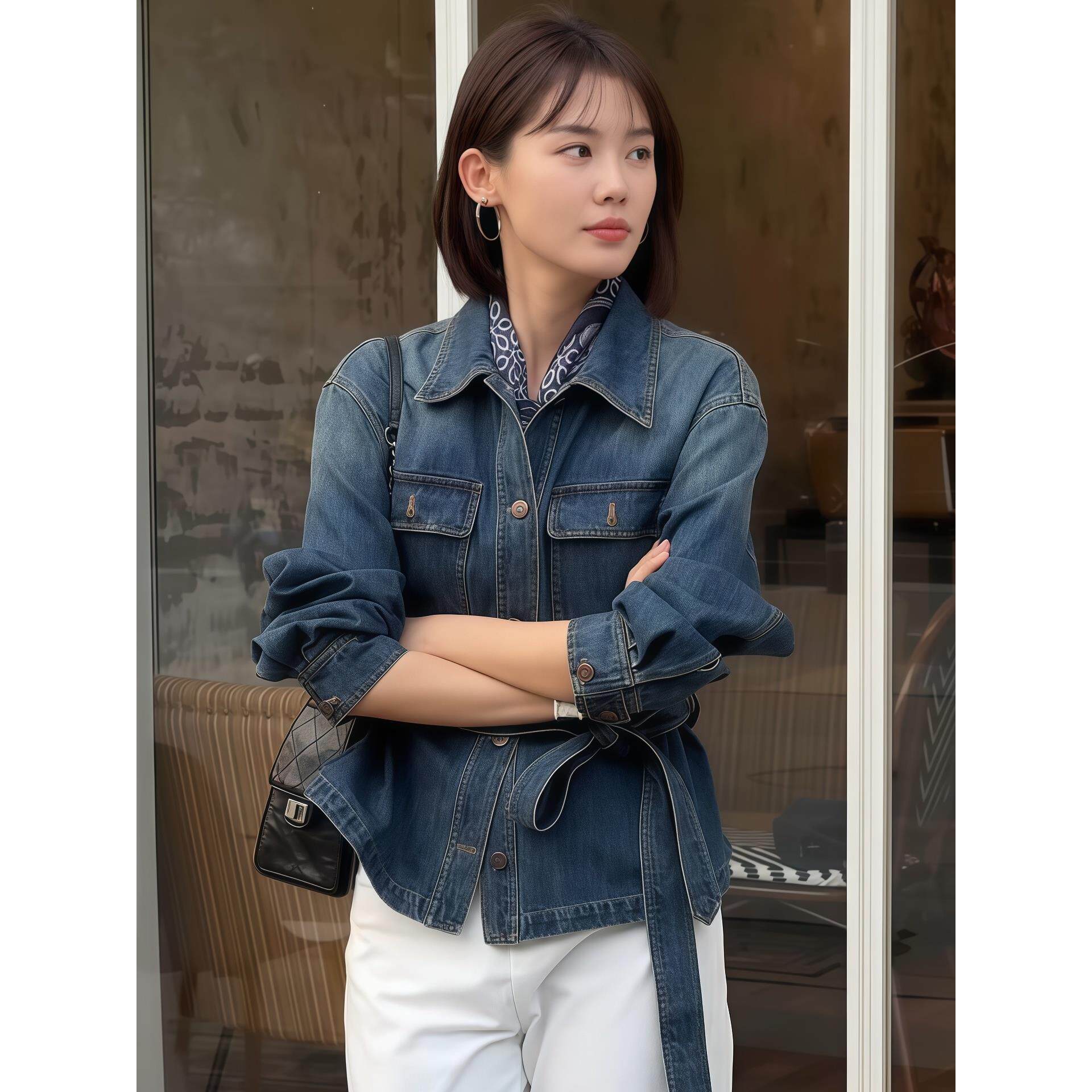 JOYIASS覆古做旧牛仔衬衫女2025新款秋季绑带收腰长袖港风衬衣时