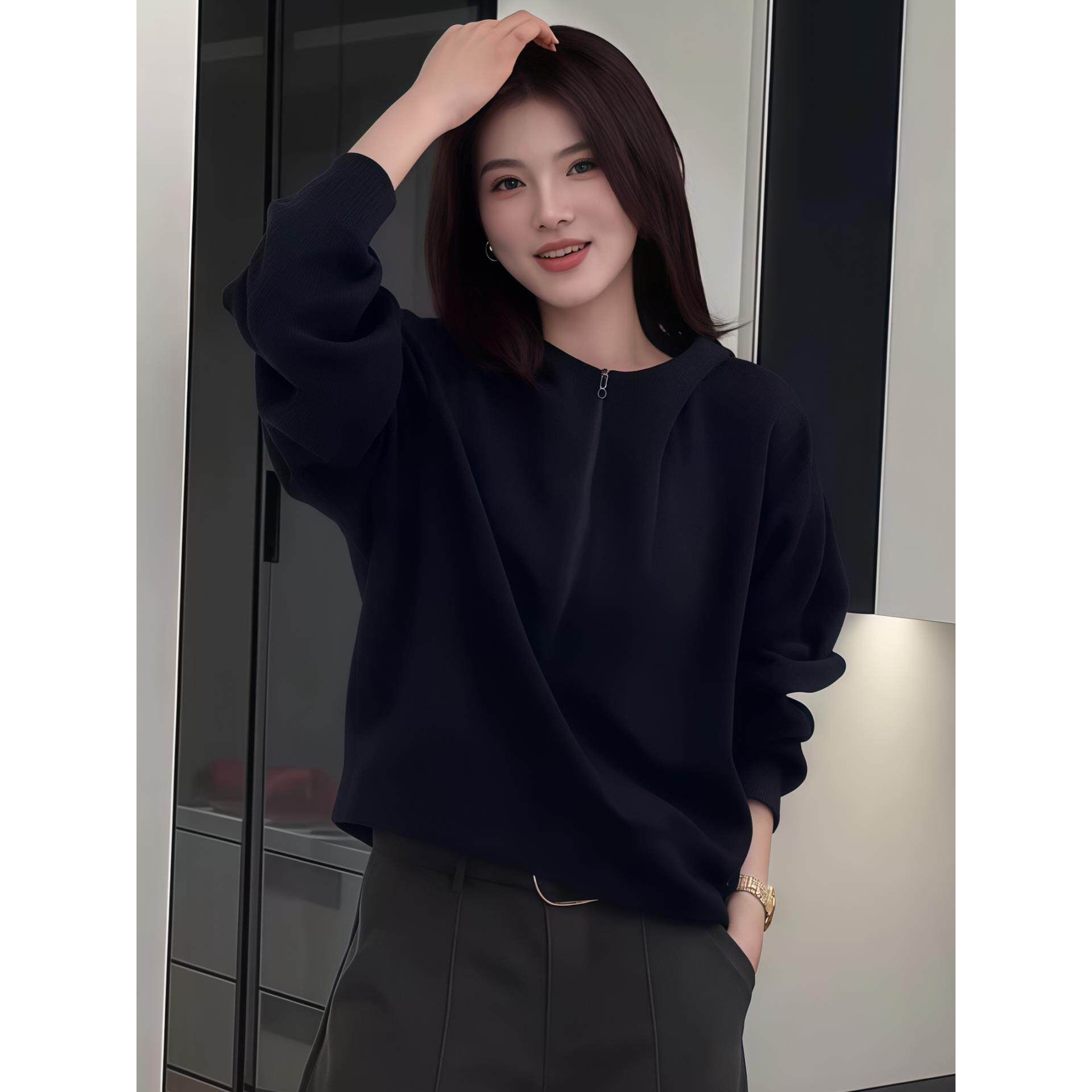 JOYIASS半拉炼连帽套头卫衣女2025新款秋季爆款宽松休闲短款帽衫