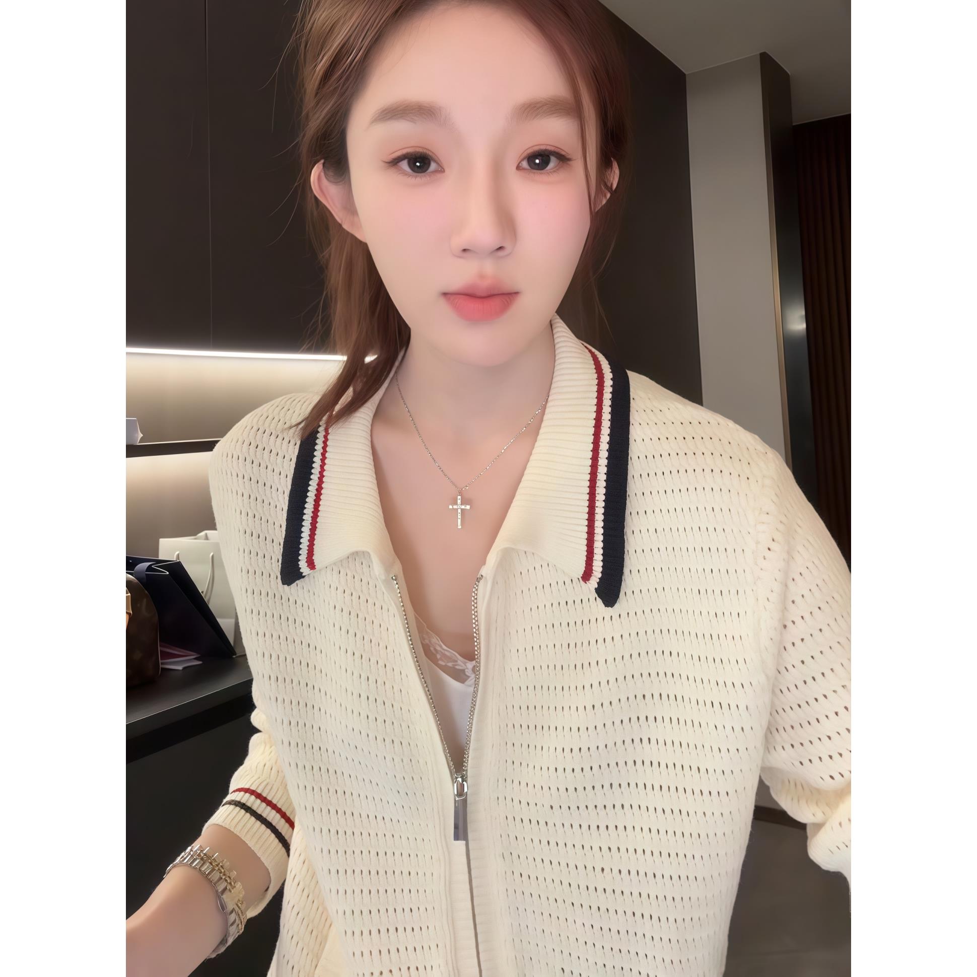 JOYIASS学院风条纹翻领镂空针织开衫女2025新款秋季长袖拉炼毛衣