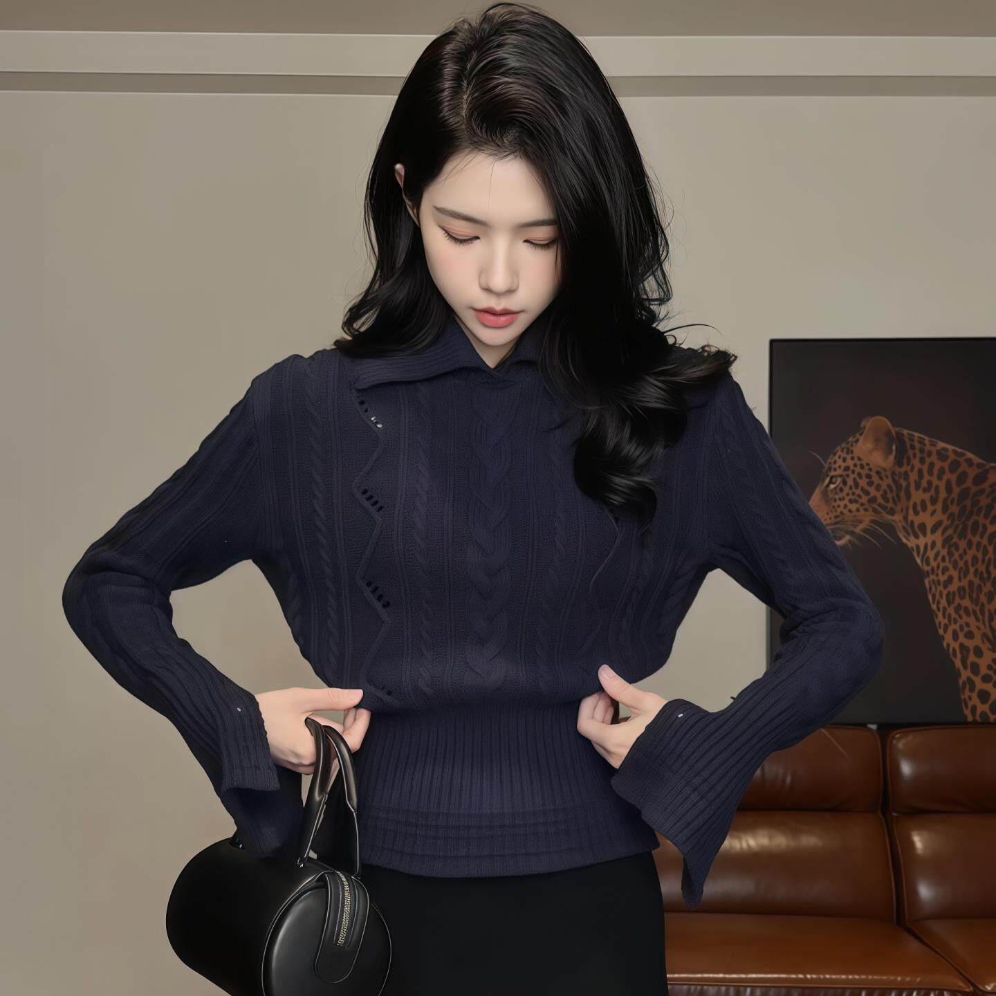 JOYIASS收腰下摆翻领麻花针织衫女2025新款秋季掐腰显瘦喇叭长袖