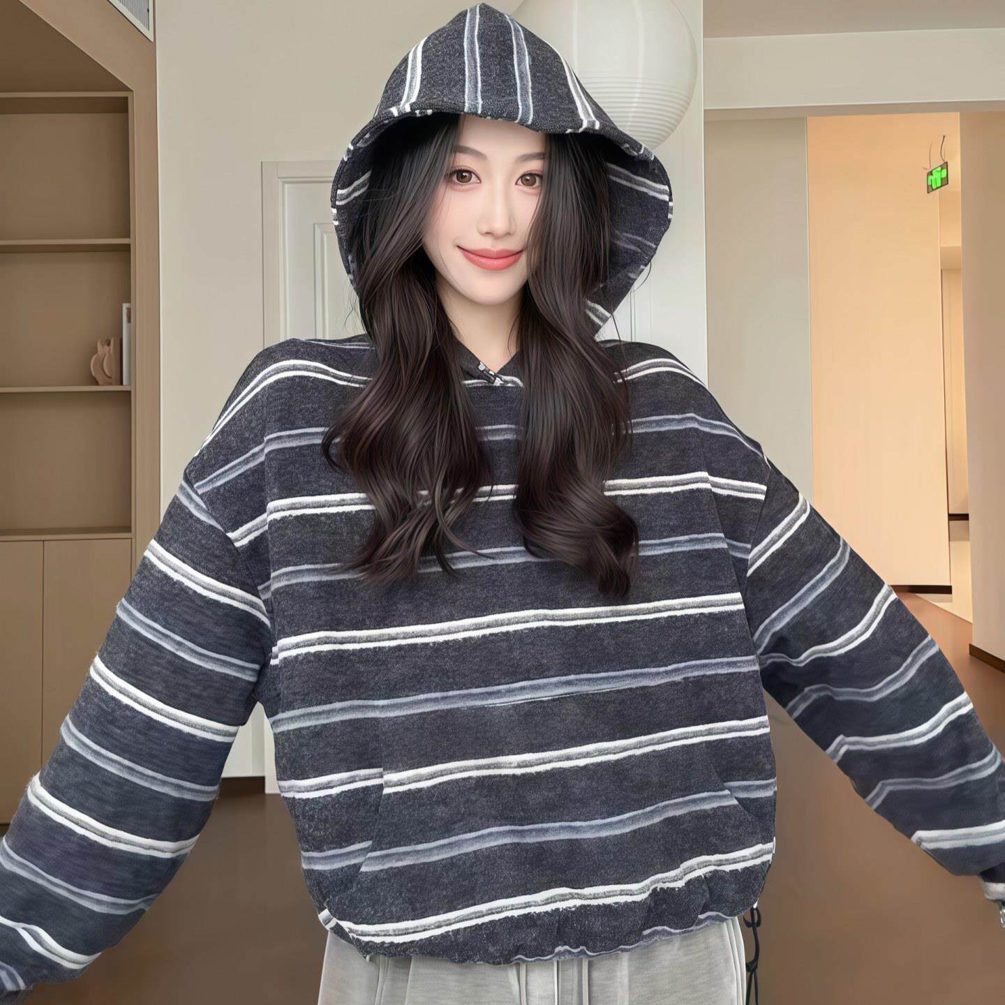 JOYIASS复古条纹连帽保暖卫衣女2025新款秋冬慵懒风套头长袖帽衫