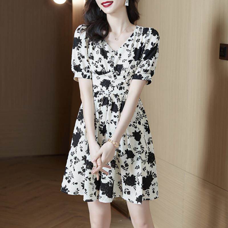 BLLOUKE碎花雪纺连衣裙子女装春秋季2025年新款法式小个子气质短