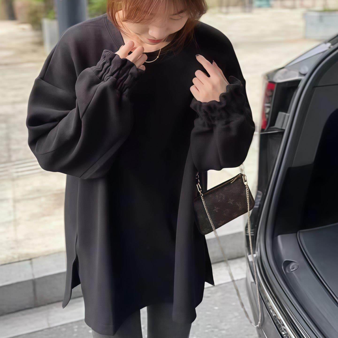 JOYIASS褶皱袖口圆领中长款卫衣女2025新款秋季慵懒风保暖长袖侧