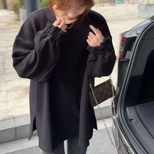 JOYIASS褶皱袖口圆领中长款卫衣女2025新款秋季慵懒风保暖长袖侧