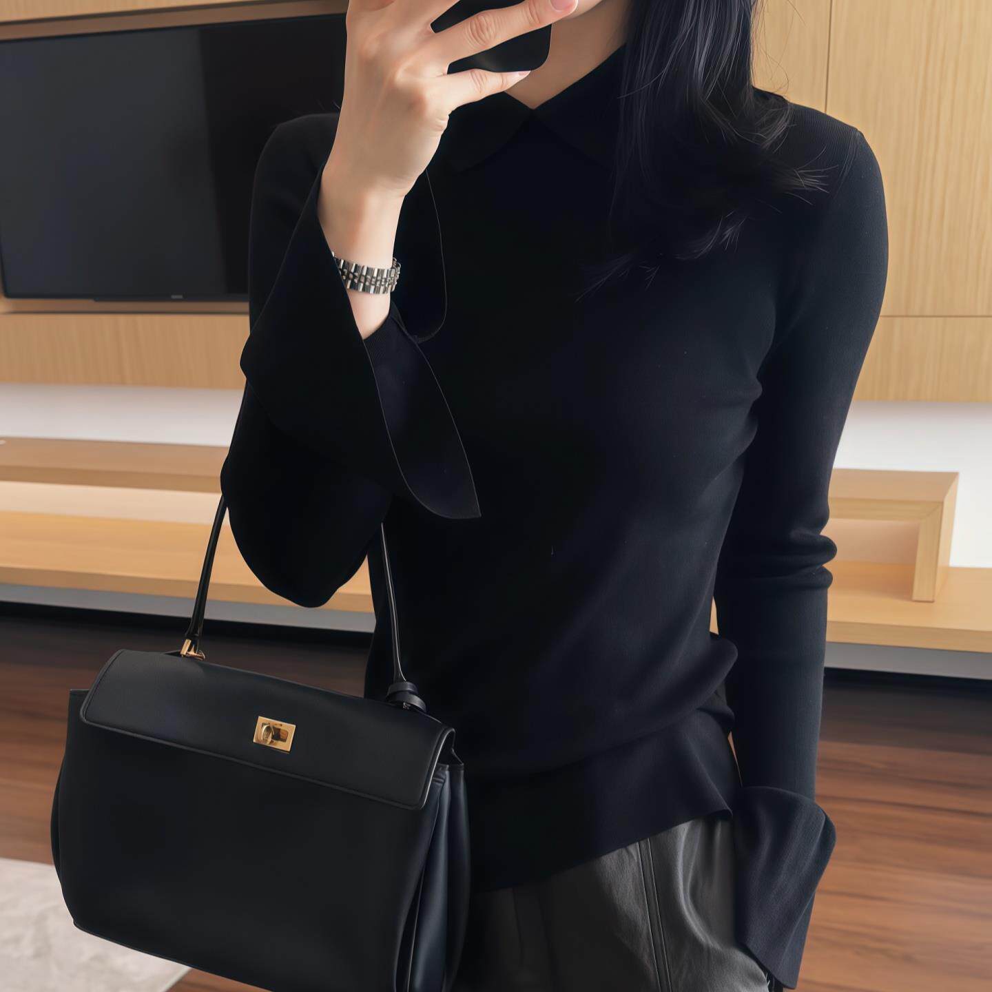 JOYIASS翻领喇叭袖黑色针织衫女2025新款秋季气质修身长袖打底衫
