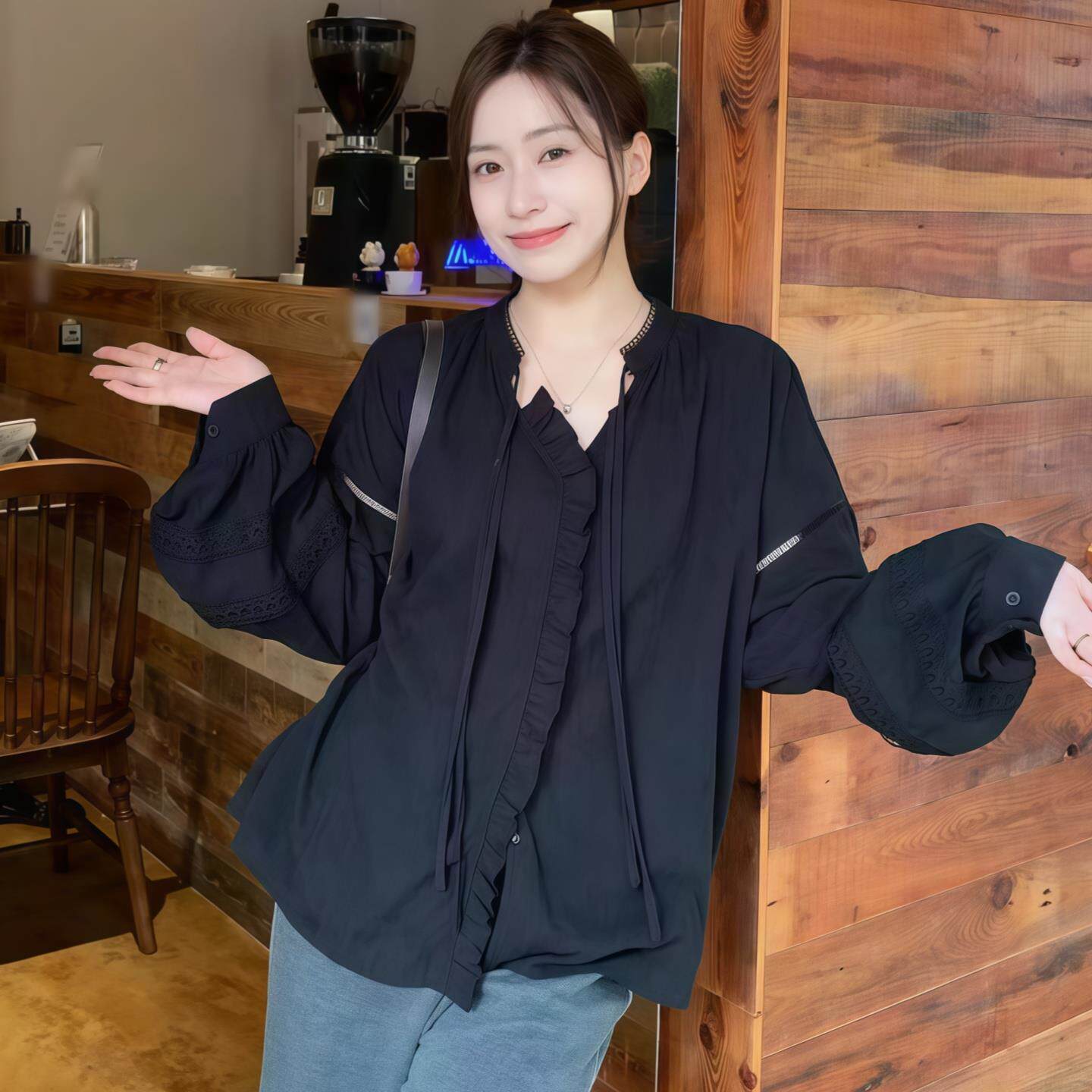 JOYIASS蕾丝拼接木耳边衬衫女2025新款早秋季系带领长袖精致开衫