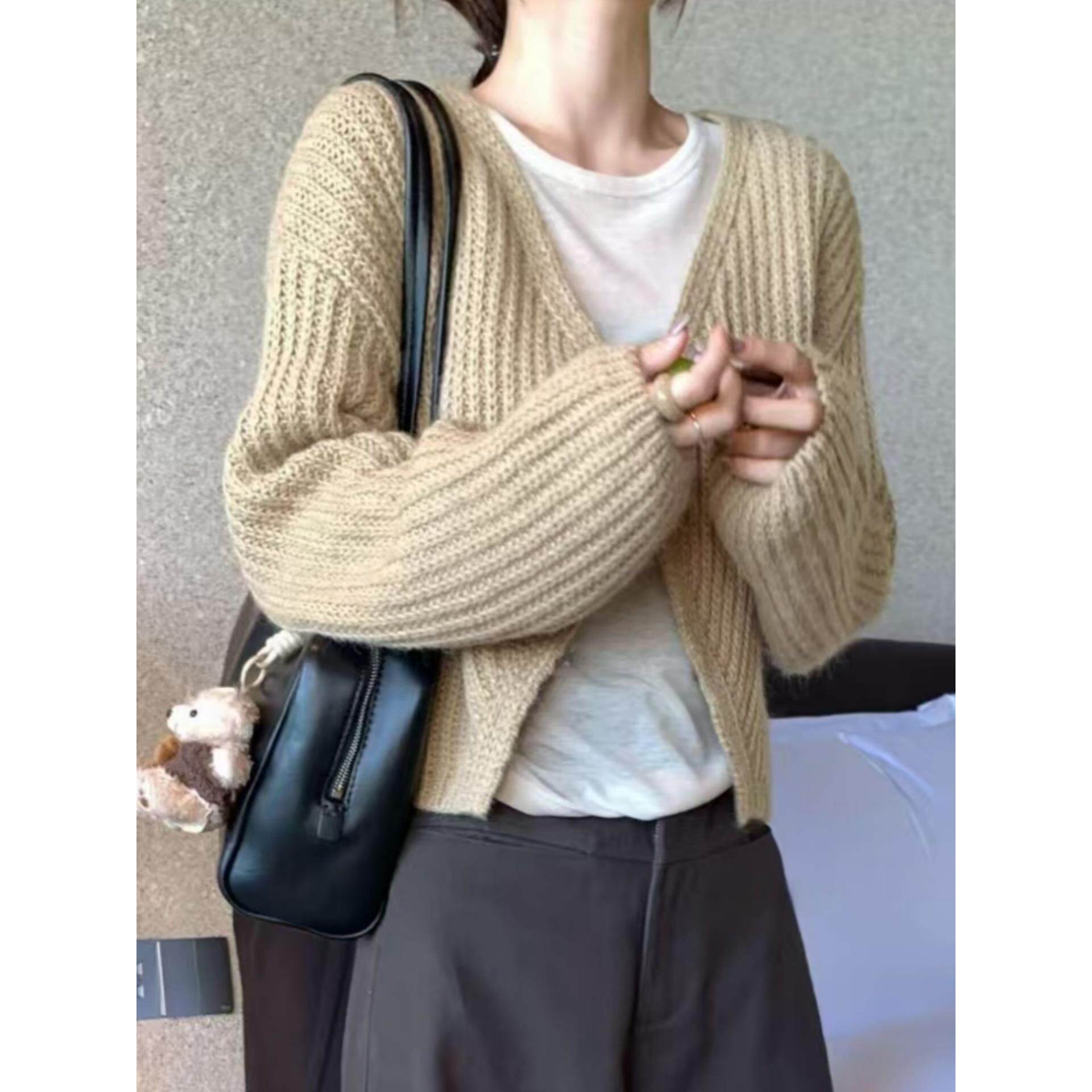 JOYIASS短款无扣针织披肩开衫女2025新款秋季小个子外搭长袖V领粗