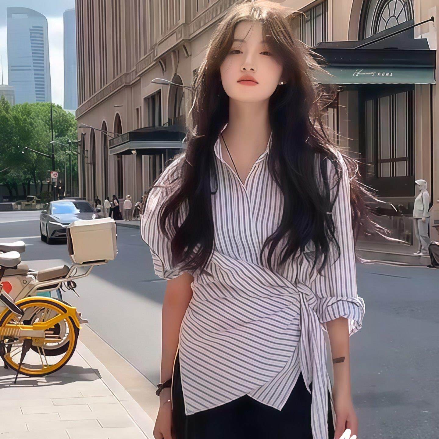 JOYIASS不规则条纹衬衫女2025新款秋季收腰绑带翻领长袖衬衣洋气