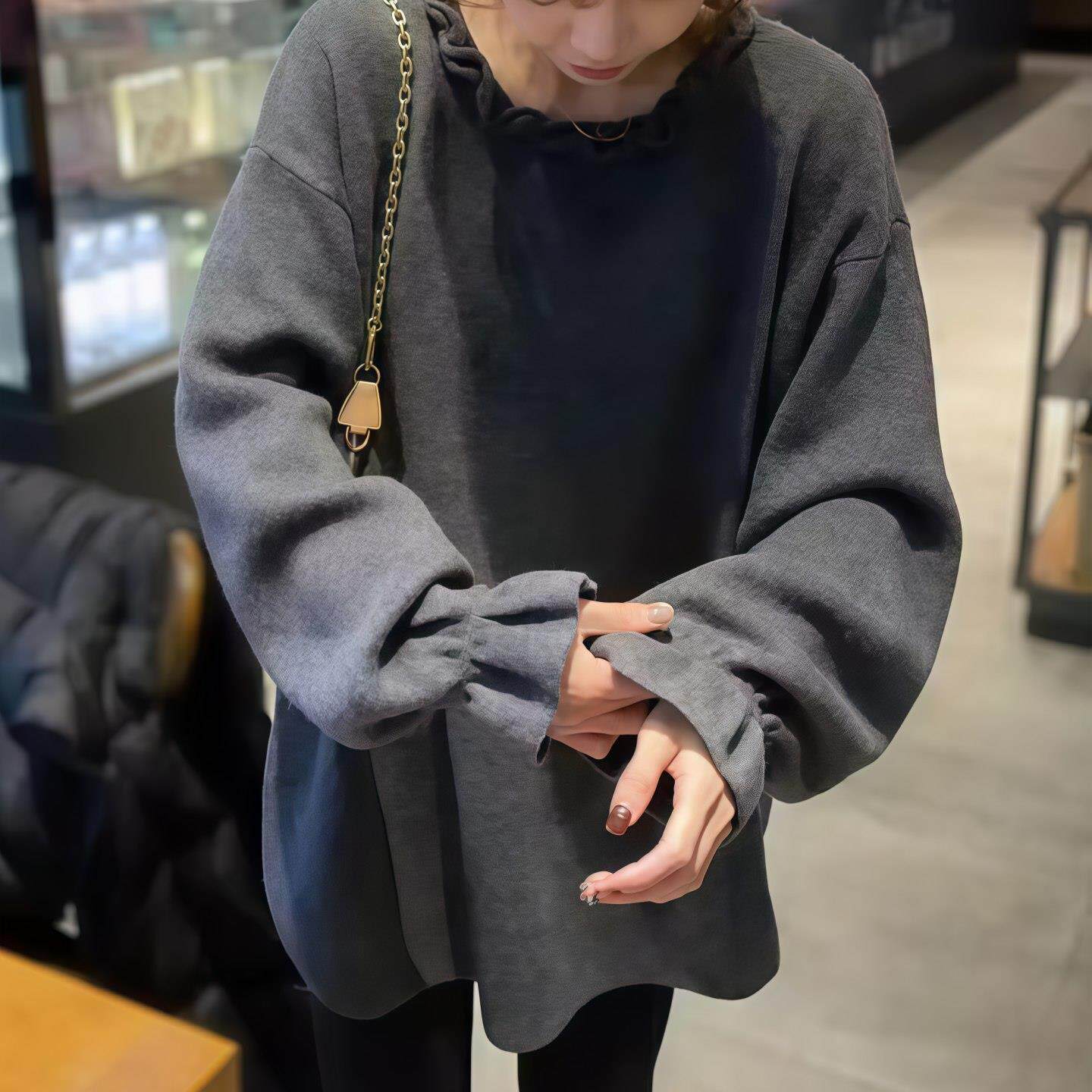 JOYIASS后纽扣花边领针织毛衣女2025新款秋季慵懒风中长款喇叭袖