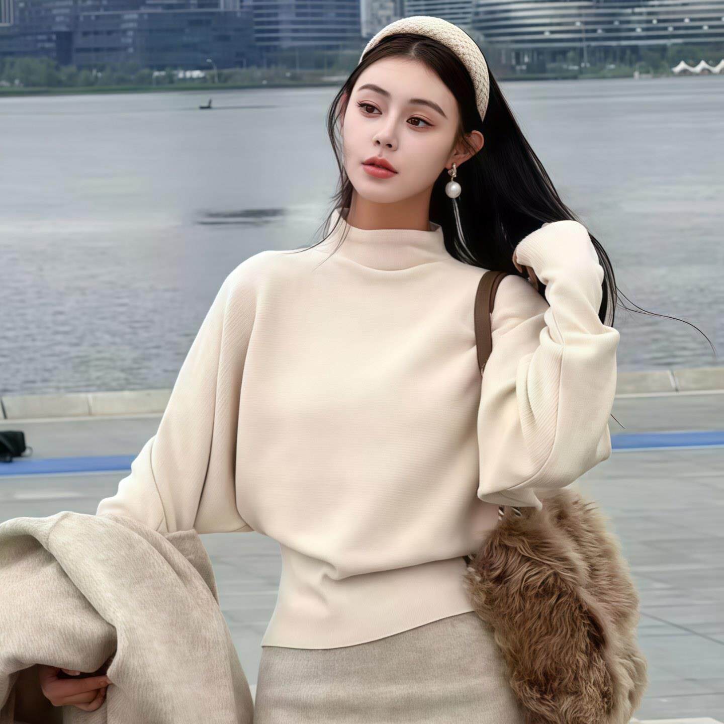 JOYIASS半高领蝙蝠袖收腰针织衫女2025秋季时髦百搭长袖掐腰毛衣