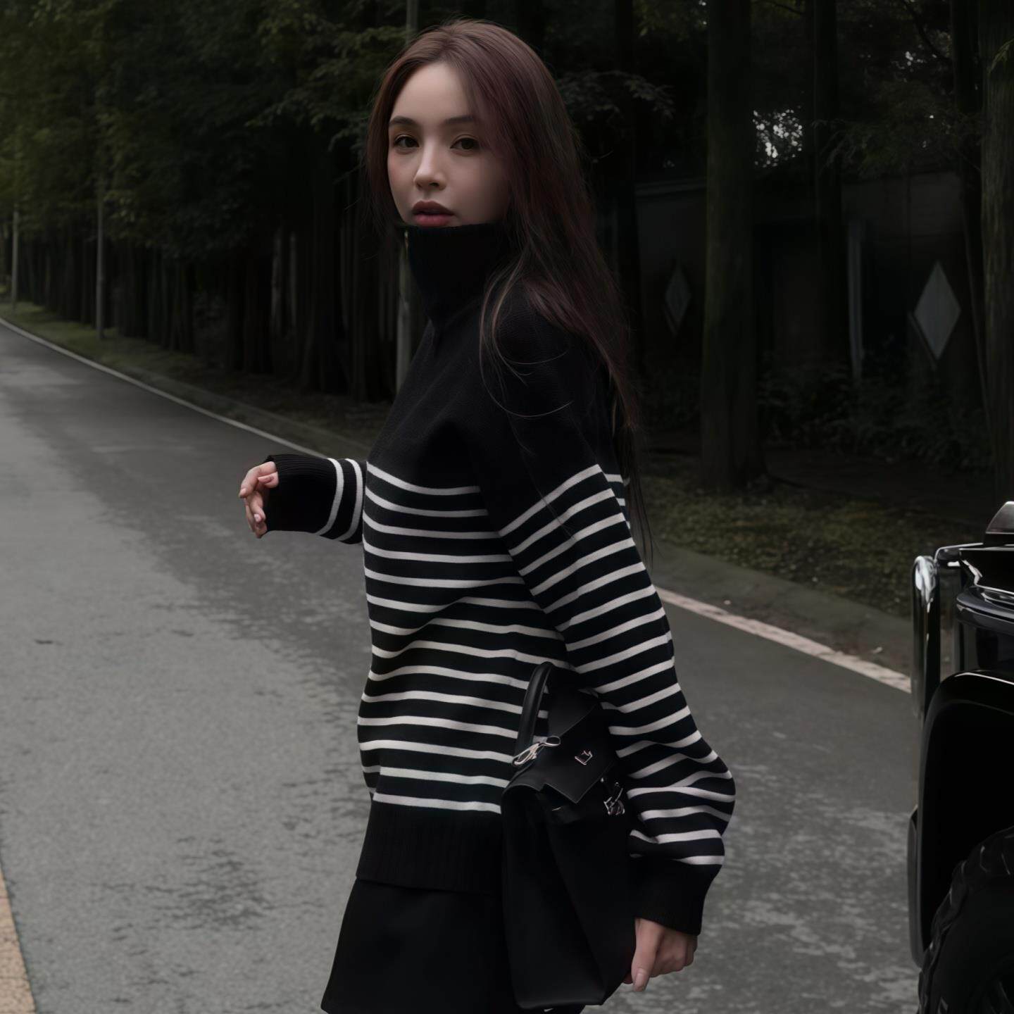 JOYIASS半拉链高领条纹针织衫女2025新款秋季宽松撞色毛衣慵懒风