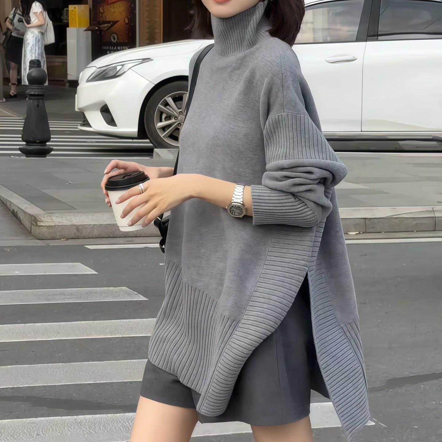 JOYIASS不规则下摆开衩针织衫女2025新款秋季高领长袖毛衣高级感
