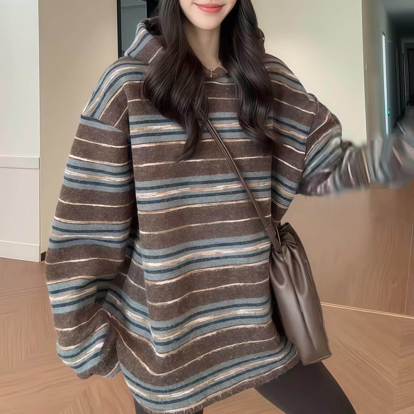 JOYIASS复古条纹连帽加绒卫衣女2025新款秋冬慵懒宽松中长款保暖