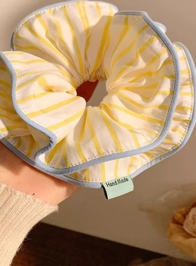 韩系柠檬黄色条纹大肠发圈女高级感超大号丸子头皮筋头绳慵懒头饰