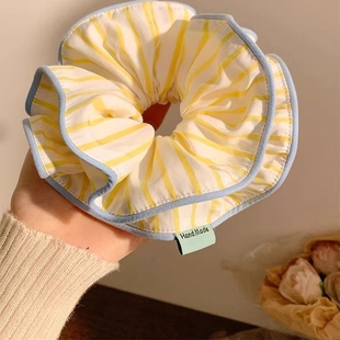 韩系柠檬黄色条纹大肠发圈女高级感超大号丸子头皮筋头绳慵懒头饰