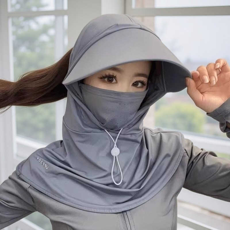 夏季男女全脸遮阳防晒冰丝透气帽子干活户外骑行遮阳护颈面罩一体