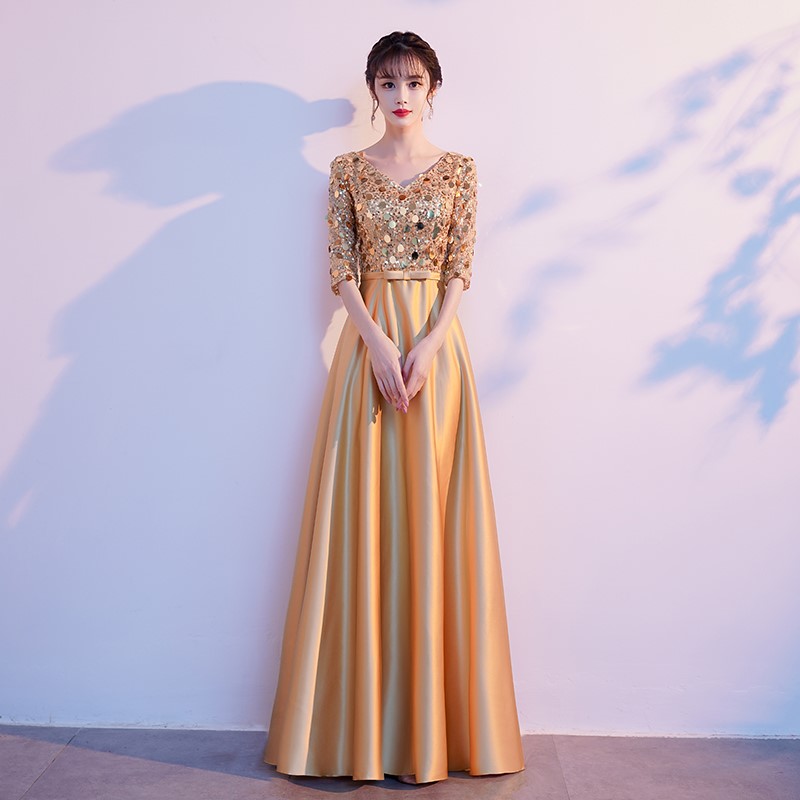 高档大合唱团演出服服装美声独唱亮片礼服女演唱主持人长裙香槟色
