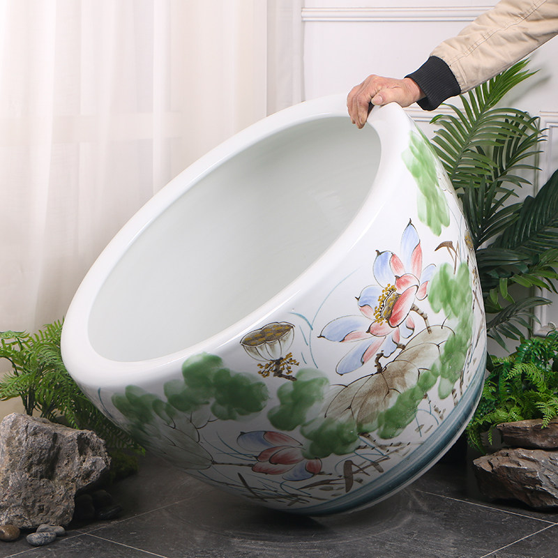 景德镇陶瓷鱼缸中式手绘荷花缸睡莲缸乌龟缸客厅养鱼大水缸书画缸
