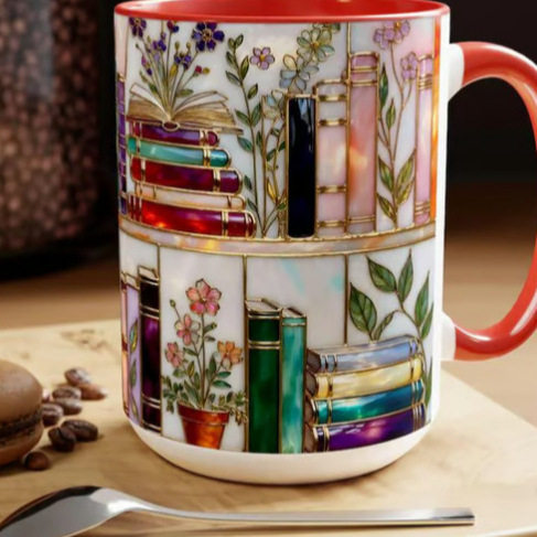 新品Stained-Glass Ceramic Mug彩色玻璃陶瓷杯花卉书架马克
