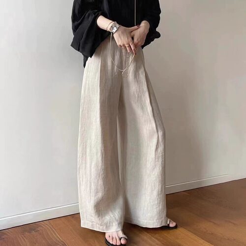 亚麻阔腿裤女宽松垂感长裤