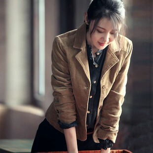 2024春季新款韩版灯芯绒外套女文艺修身小西装休闲条绒上衣复古女