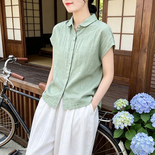 夏季纯棉宽松显瘦短袖衬衫女