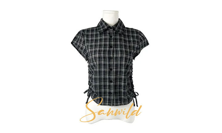 thumbnail for Yamano sanwild Korean summer new versatile design drawstring short plaid short-sleeved shirt top woman