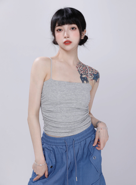 peachdaily 灰色细肩带胸垫吊带背心女jazz跳舞内搭外穿吊带上衣