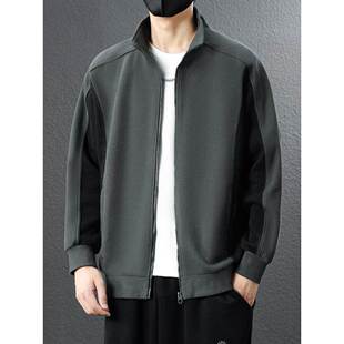 纹理感灰色拼接外套男春秋季2025新款宽松立领夹克加绒加厚上衣潮