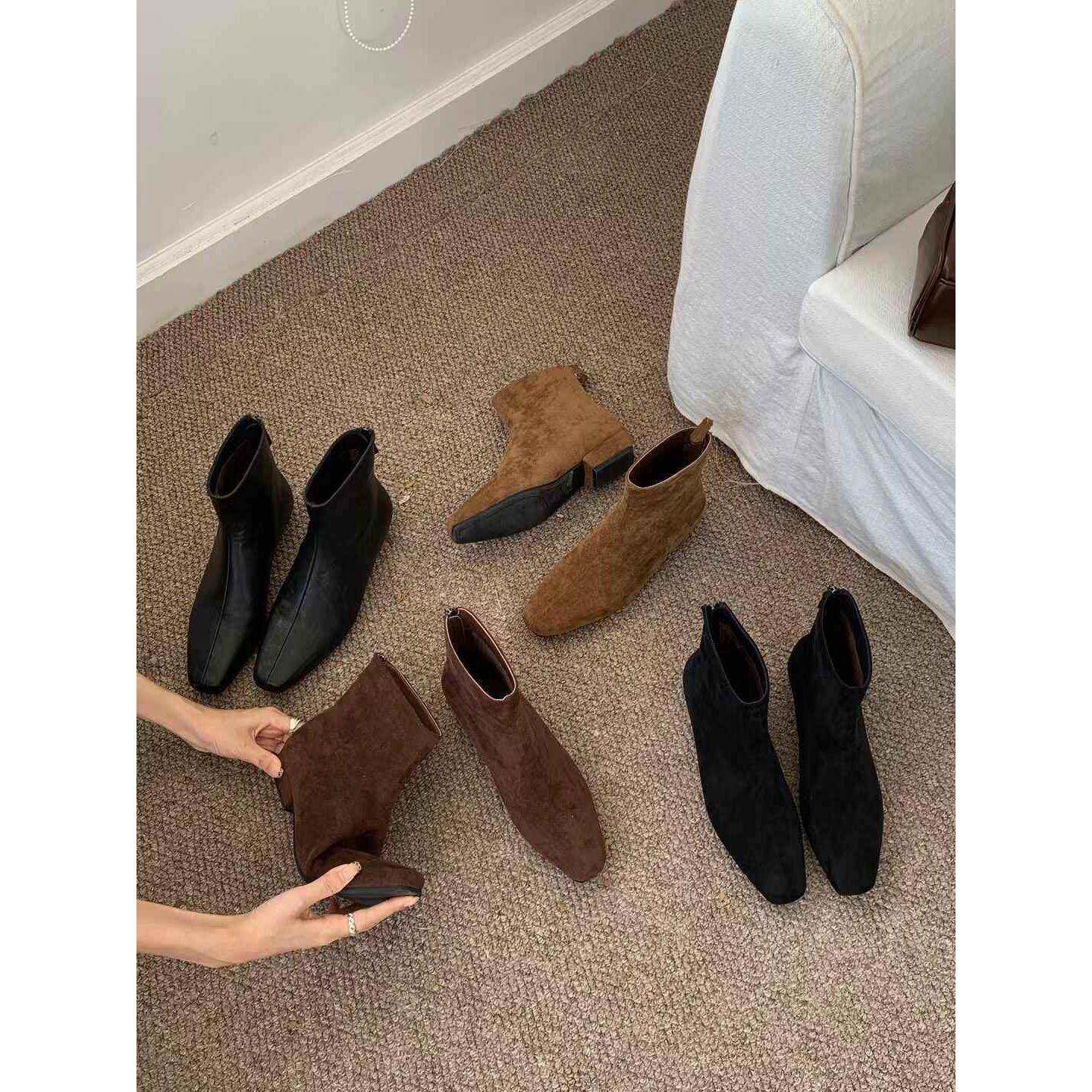 潮牌粗跟绒面小踝靴方头瘦瘦短靴女鞋2025秋冬季加绒棕色马丁靴子,女鞋,时装靴,淘宝优惠券,粉丝福利购,淘宝优惠卷