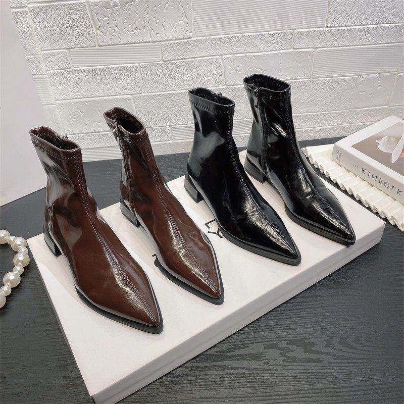 2025年冬季新款时尚尖头短靴女鞋单靴平底粗跟裸靴软皮弹力瘦瘦靴,女鞋,时装靴,淘宝优惠券,粉丝福利购,淘宝优惠卷