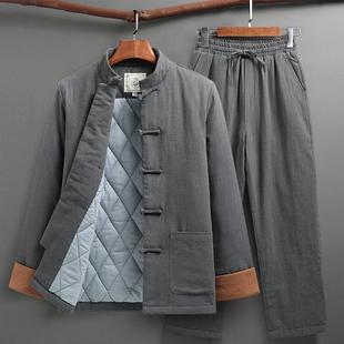 中式亚麻唐装男冬季中国风棉袄套装中老年人覆古爸爸棉衣汉服外套