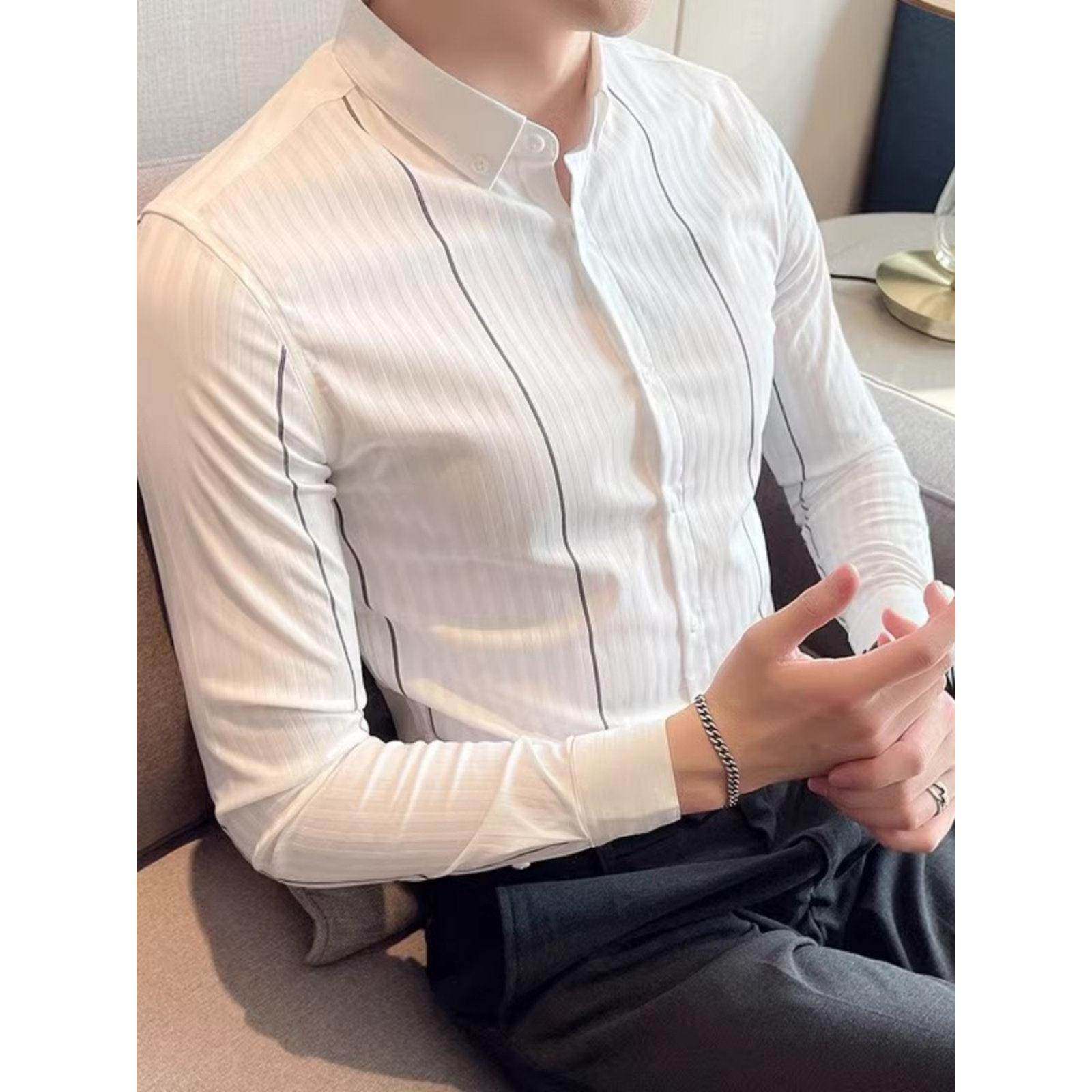 潮牌1818条纹衬衫男士长袖商务春秋季新款内搭休闲高级感西装衬衣