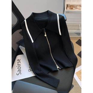 法式双拉链Polo领针织开衫外套女春秋季毛衣修身显瘦小众别致上衣