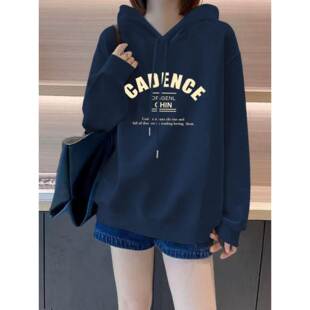 韩国宝蓝色连帽卫衣女2025春秋oversize设计感小众加绒加厚外套潮